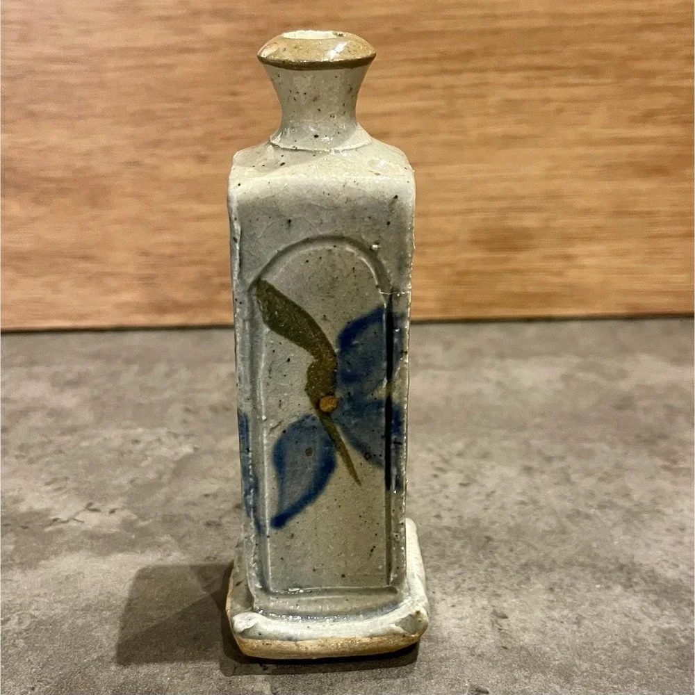 Vintage Studio Pottery Slab Bud Vase Hand Painted Floral Square Bottle MCM Art